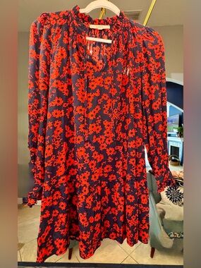 LOFT Navy Dress with Red Floral Print — Long Sleeve Tiered